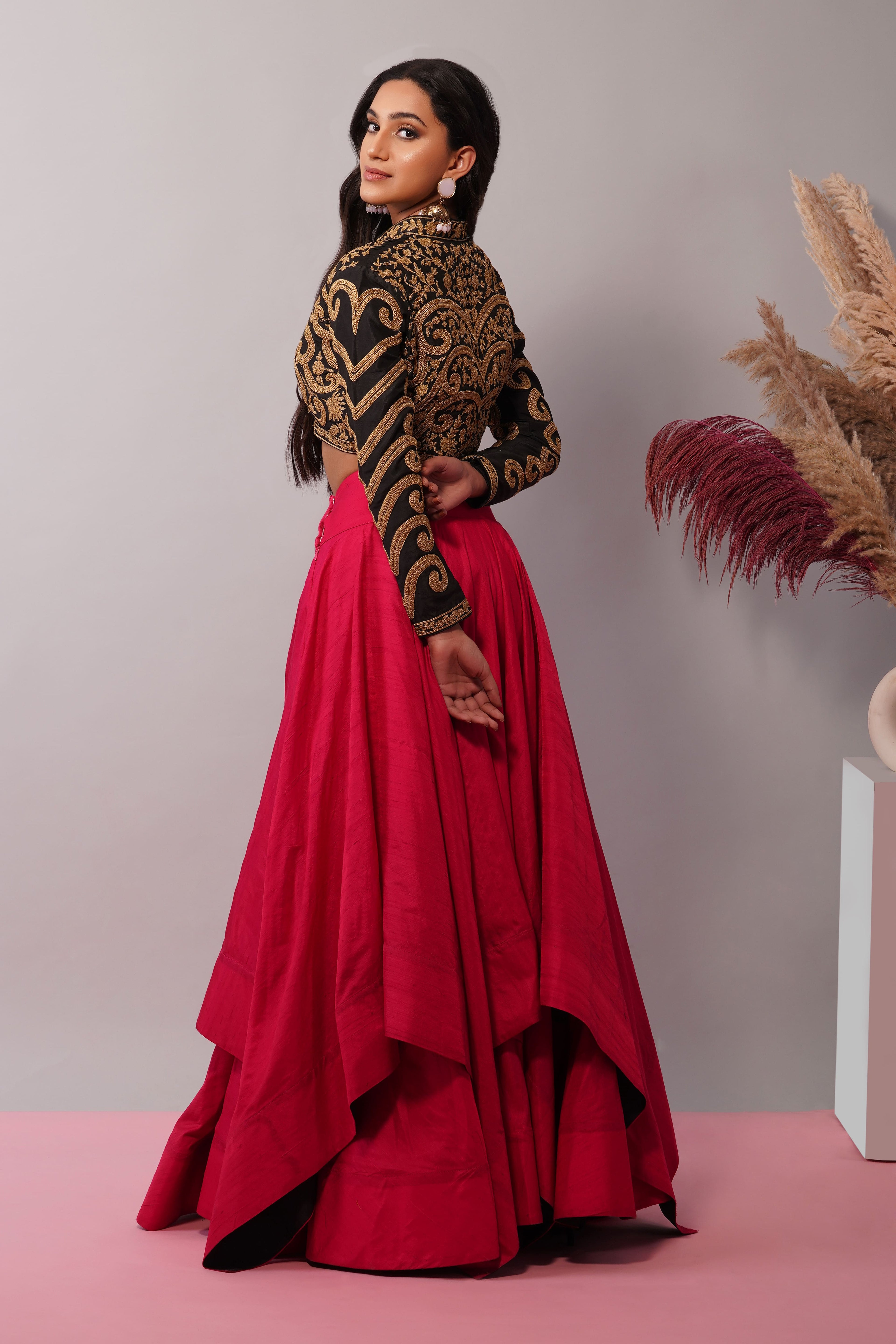 Black Embellished Top with Rani Pink Skirt