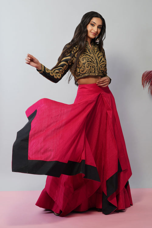 Black Embellished Top with Rani Pink Skirt