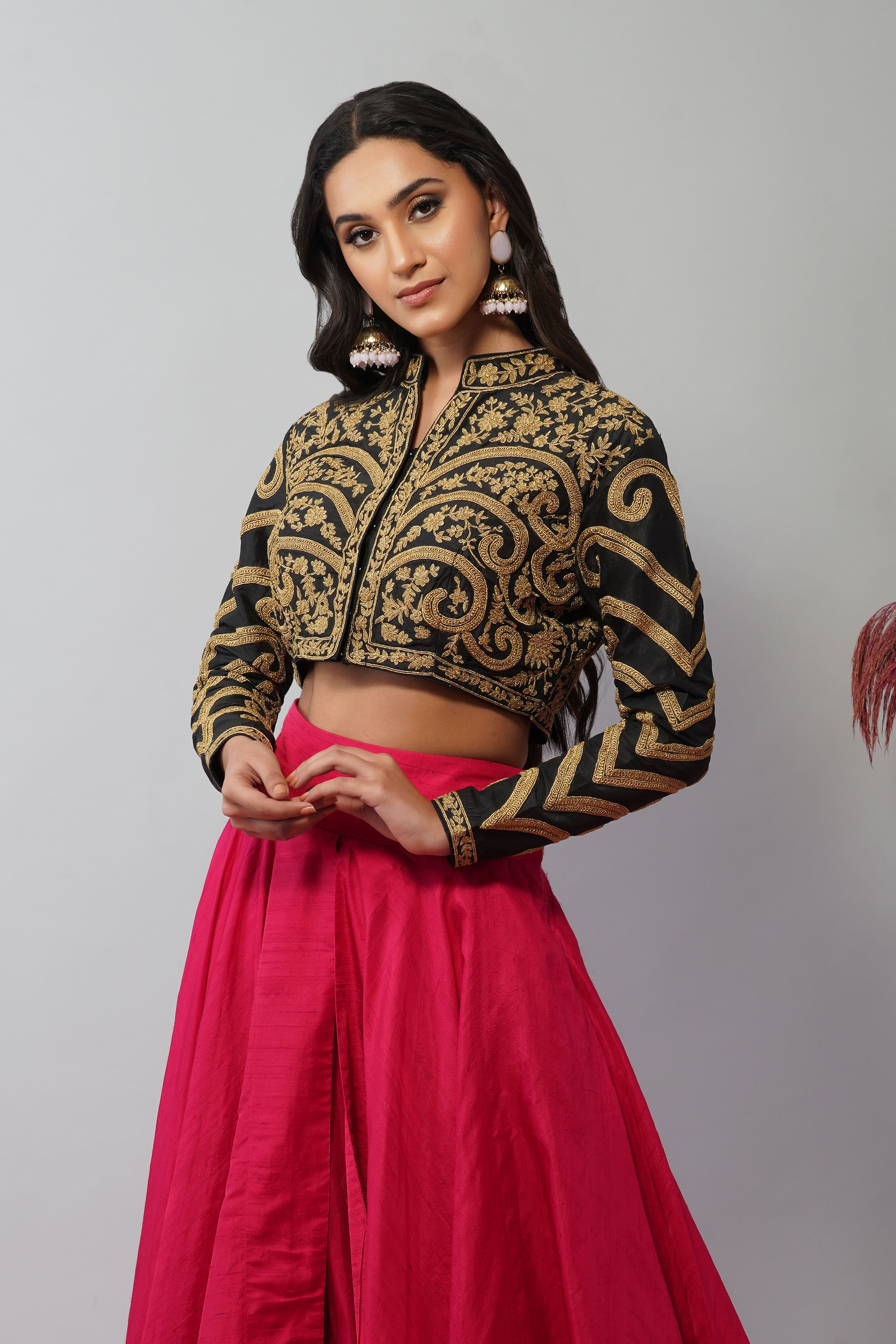 Black Embellished Top with Rani Pink Skirt
